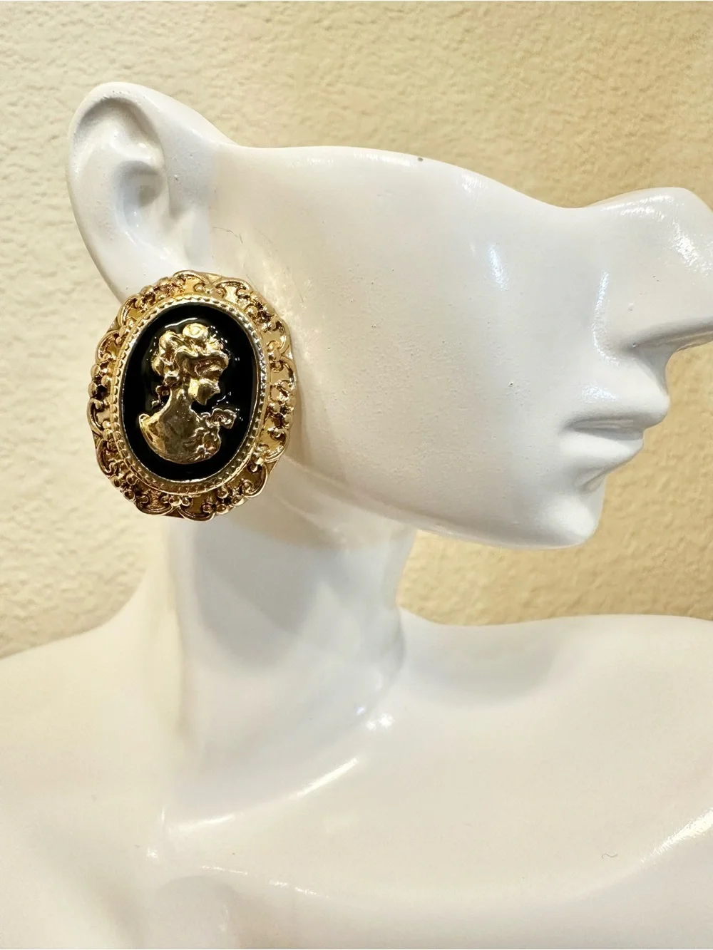 Gold and Black Cameo Statement Earrings - (High Quality)